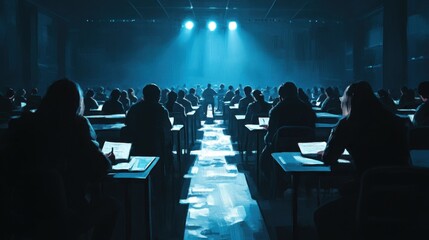 Final exam hall with students seated in rows, concentrating deeply on their test papers under bright lights.