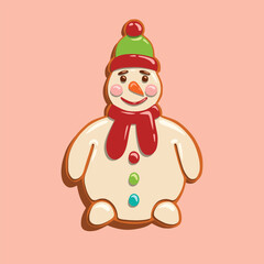 Gingerbread cookie in the shape of a snowman, decorated with icing in green, red, and white. Snowman with a hat, scarf and colorful buttons. For holiday cards, Christmas packaging and festive design.