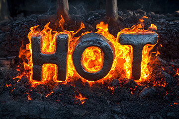 word hot on fire, made out of glowing light red metal