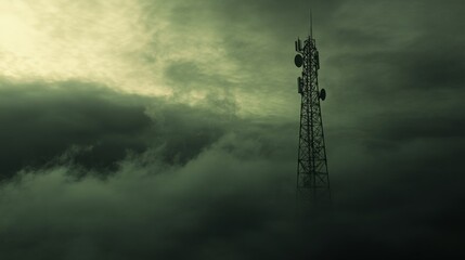 Obraz premium ## Towering Through the Mist: A Communication Beacon in Dramatic Skies