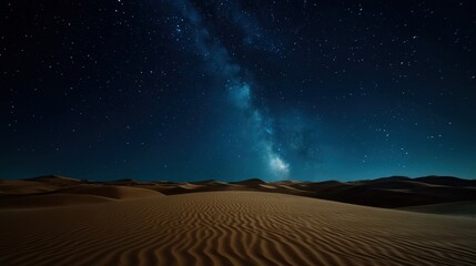 A breathtaking view of the Milky Way arches over serene desert dunes, with starry sky highlights offering a tranquil and awe-inspiring celestial nighttime scene.