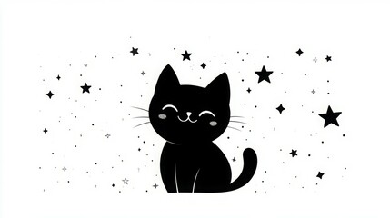 Smiling black cat with stars on white background