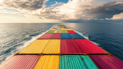 Massive freight ship transporting colorful containers across the ocean, emphasizing global export-import services. No logos.