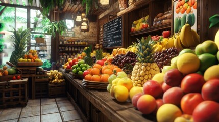 Fototapeta premium Fresh fruit shop with an assortment of fruits, featuring vibrant colors, realistic textures, and a lively ambiance.