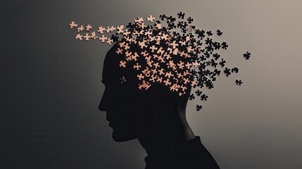 A human silhouette made of puzzle pieces, with some pieces being removed and placed into new configurations, representing career reorientation and personal growth through outplacement services