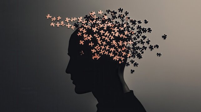 A human silhouette made of puzzle pieces, with some pieces being removed and placed into new configurations, representing career reorientation and personal growth through outplacement services