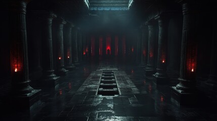 A dark, ancient temple hall with lit torches casts eerie shadows, creating a foreboding yet intriguing atmosphere, inviting curiosity about secrets it might hold.