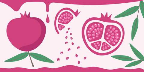 Pomegranate flat design vector illustration. Composition of a whole pomegranate and its parts in a simple style.
