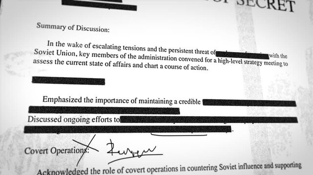 Top secret document with censorship black lines appearing on sensitive text. Redacted government agency classified file. Confidential information being hidden. Cover up or conspiracy by cia or fbi spy