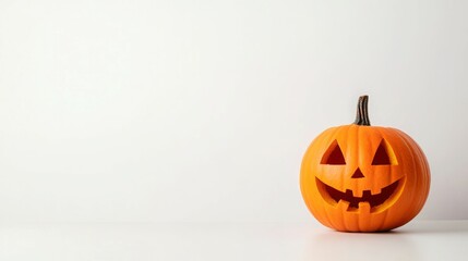A jack-o'-lantern with a carved grin sits on a white surface, ready for Halloween festivities.
