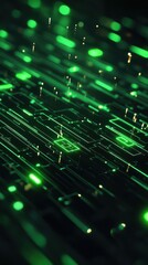 Fototapeta premium Abstract green digital background with glowing lines and patterns.