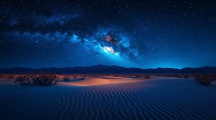 Fototapeta premium A stunning night sky over a desert landscape, showcasing the Milky Way and sand dunes.