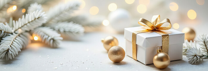 Elegant holiday gifts and decorations with gold accents on a soft background create a festive atmosphere. Banner. 