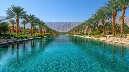 A tranquil landscape featuring a palm-lined waterway with mountains in the background.