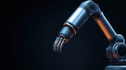 Fototapeta na wymiar Futuristic Robotic Arm, sleek design in a shadowy backdrop, embodies cutting-edge technology and innovation, ample space for informative text or branding elements.