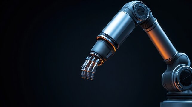 Futuristic Robotic Arm, sleek design in a shadowy backdrop, embodies cutting-edge technology and innovation, ample space for informative text or branding elements.