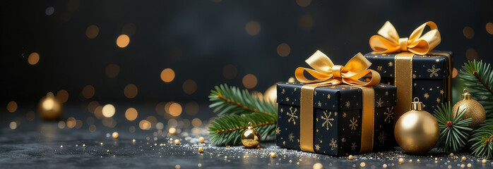 Elegant black and gold Christmas presents, pine branches and golden christmas decorations on a dark background. Banner. Copy space. 
