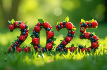 The number (figure) 2025 represents the happy year 2025 in a minimalistic style, the figures are 3D visualized with berries (strawberries, blueberries, raspberries, blackberries) in a line. Side view
