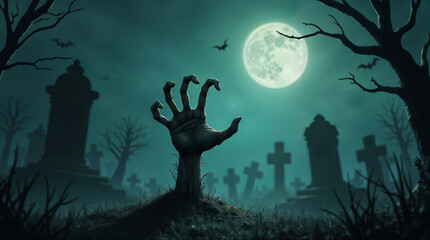 Fototapeta premium Hand of Zombie Breaks Ground in Creepy Graveyard