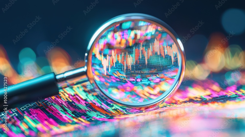 Poster a magnifying glass focusing on abstract data charts and graphs floating in space, with vibrant color