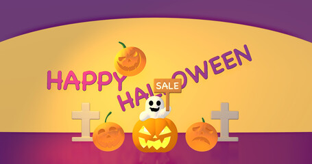 Happy halloween sale with pumpkin and ghost background.