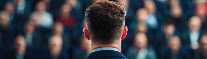 Fototapeta premium A speaker addresses a large audience, focusing on engagement and connection, highlighting the importance of public speaking in a professional setting.