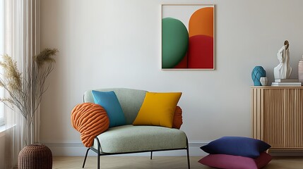  Stylish living room with a mid-century modern chair, colorful pillows, and a unique knot cushion, creating a cozy and contemporary space. Mock up poster. 