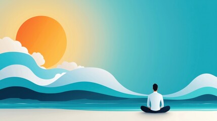 A man practices mindful breathing on a beach, taking deep, slow breaths as the waves crash softly nearby. His calm expression reflects inner peace and positive energy.
