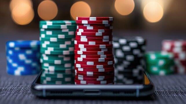 Stacks of colorful poker chips on a smartphone symbolize online gambling and mobile gaming with a blurred background for effect.