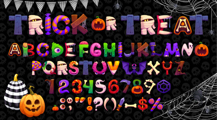 Cartoon spooky Halloween font or funny evil type and scary typeface, vector English holiday alphabet. Halloween holiday font of spooky characters in letters with boo ghost, witch and monster sweets