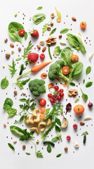 A detailed collage showcasing fresh vegan ingredients including leafy greens, nuts, berries, and vibrant vegetables, all arranged in a circular pattern.