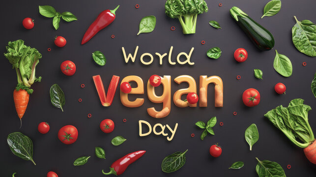 A vibrant "World Vegan Day" design with bold typography, the word "Vegan" filled with colorful vegetable textures like tomatoes, bell peppers, and leafy greens