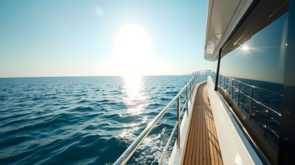 Luxury yacht cruising on calm ocean waters at sunset
