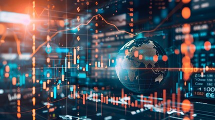 A digital globe surrounded by glowing graphs and charts, representing global data and financial markets.