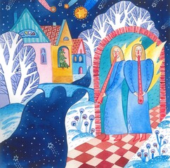Watercolor illustration. Angels sing a Christmas song and a star shines over the river. The holiday is coming. Nice design for your print.