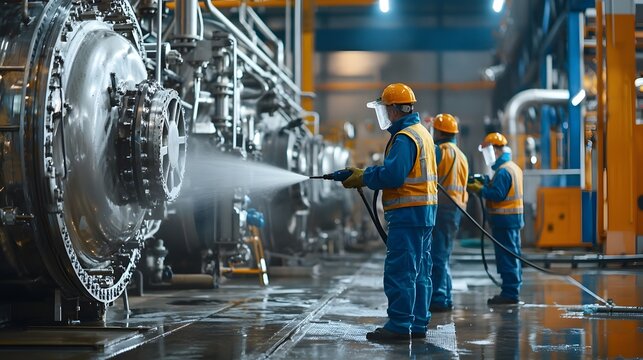 Workers in Safety Gear Pressure Washing Industrial Machinery for Efficient Maintenance