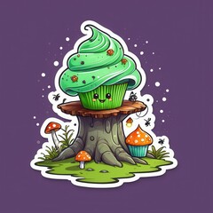 A whimsical cupcake with green frosting, topped with a cute spider, sits on a tree stump surrounded by tiny mushrooms, creating a magical forest-themed dessert scene