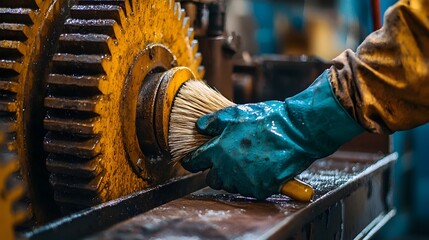 Meticulous Gear Cleaning:Worker Scrubbing Machinery with Industrial Brush