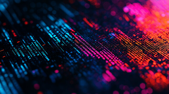 A digital screen displaying a series of lines of code, possibly from a programming language like Java or C++. The code is presented in a dark background with vibrant hues of blue, pink, and orange