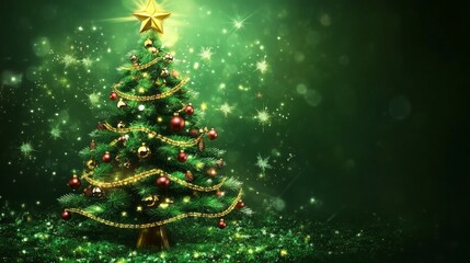 Fototapeta premium A Christmas tree with a star on top and gold and red decorations