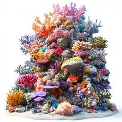 Fototapeta premium A detailed 3D underwater coral scene featuring various aquatic life, rendered in bright colors, isolated for emphasis on marine biodiversity and conservation