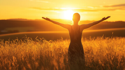 A woman standing in an open field, with her arms outstretched towards the setting sun. The sun casts a golden hue over the landscape, illuminating the tall grasses and creating a serene ambiance.