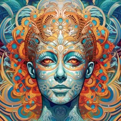 Intricate portrait of a woman with vibrant colors and patterns.