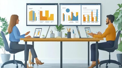 Two professionals analyze data on screens during a meeting.