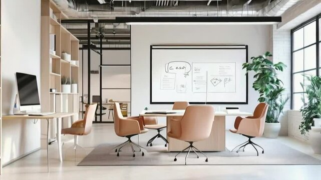 Modern office space featuring a meeting area, whiteboard, and plants for a collaborative environment.