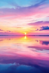 A stunning sunset paints the sky with vibrant colors, reflecting beautifully on the calm water surface below, creating a serene and peaceful atmosphere.