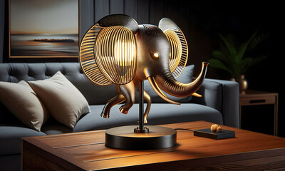 Stylische Tischlampe in Form eines Elefanten aus Metallgitter, copy space