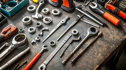 Fototapeta premium Neatly Arranged Set of Tools and Machine Parts on a Workbench