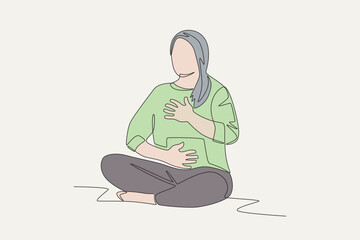 Colored the woman in mediation calms herself down. Wellbeing concept one-line drawing