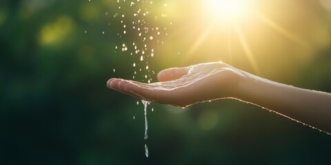Water pouring on hand in morning ligth background